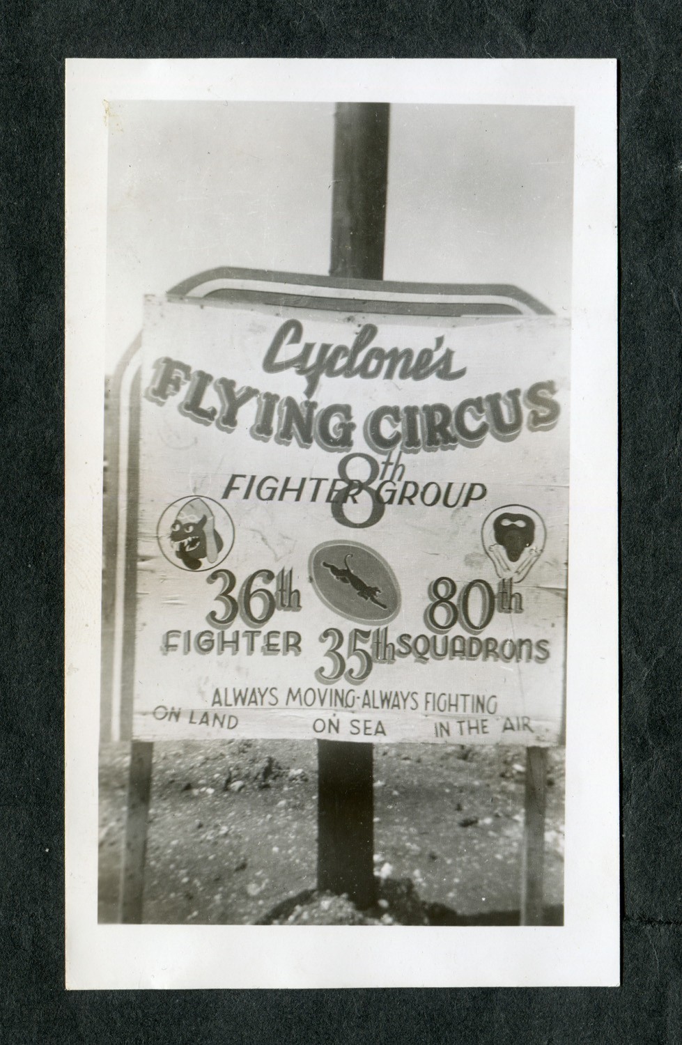 WWII USAAF Snapshot Photo 8th Fighter Group Cyclone\'s Flying Circus Base Sign