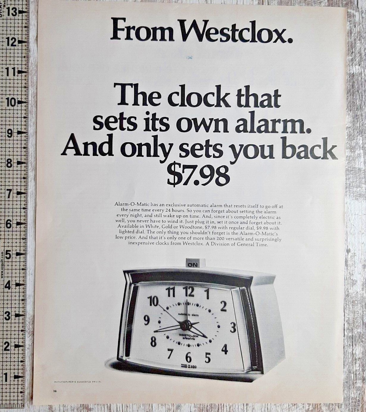 1970 Westclox Vintage Print Ad Alarm Clock Electric Automatic Classic Bedside