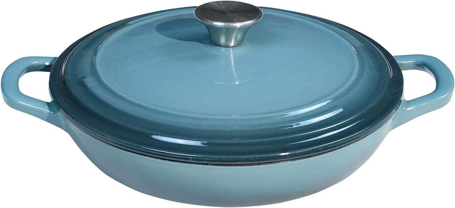 3QT Enameled Cast Iron Braiser Pan w/ Lid Dutch Oven Slate Blue