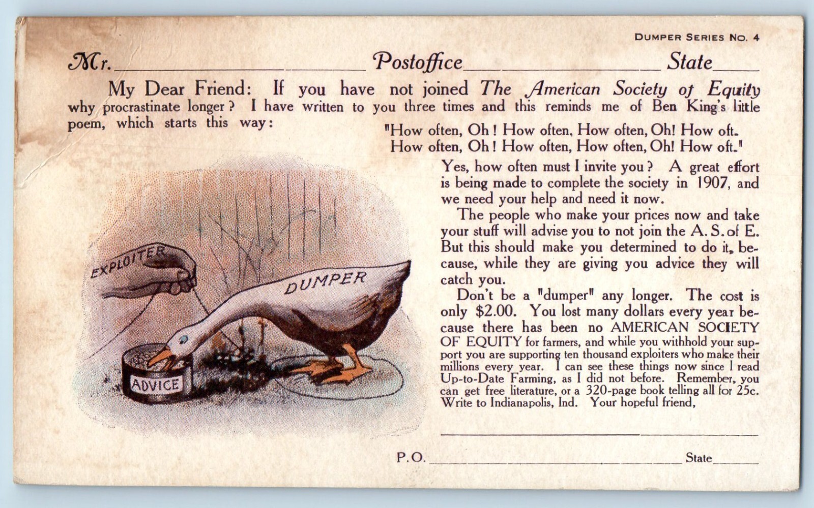 Indianapolis Indiana IN Postcard American Society Equity Farming Political c1905 Indianapolis Indiana IN Postcard American Society Equity Farming Political c1905