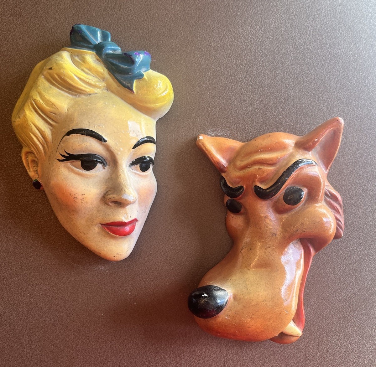 Rare 1950’s Antique Chalk Ware Figures Wall Hanging WOLF AND WOMAN Heads