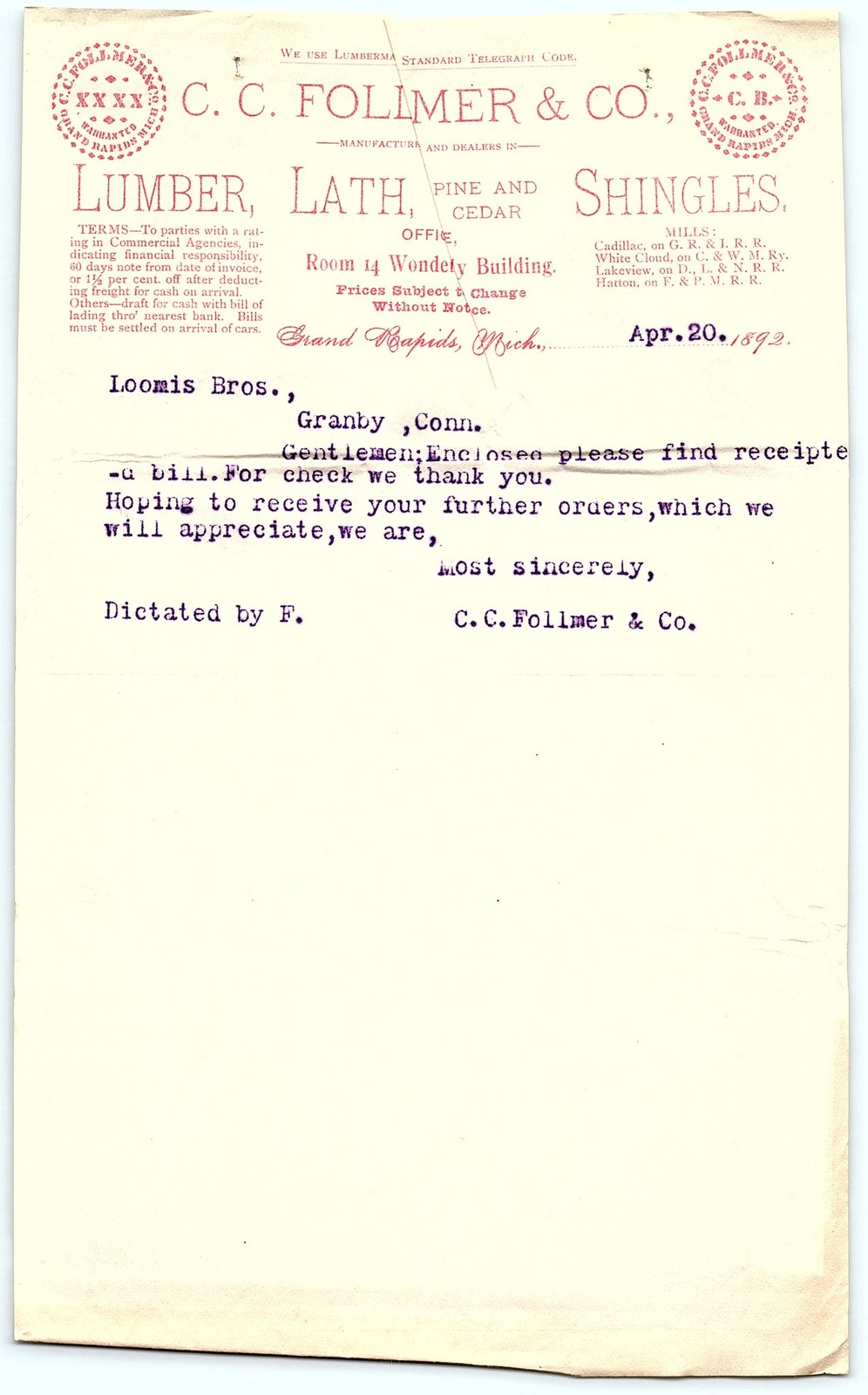 1892 Michigan Lumber Co. letterhead/billhead, Grand Rapids