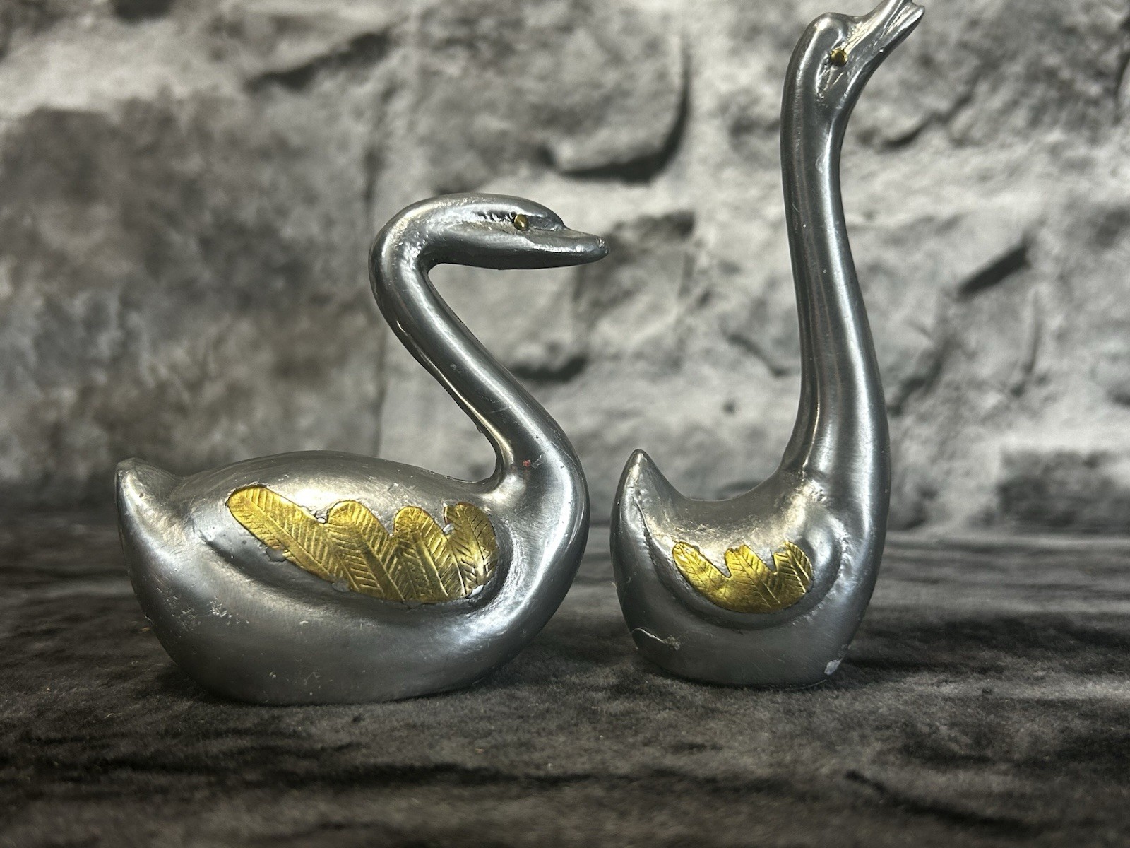 Vintage Adorable Brass on Pewter Swan Figurines Brass Wings Felt Base Petite