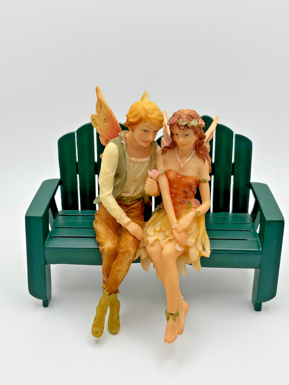 Vintage 2003 Veronese Fairy Couple Figurine with Cardinal Green Saratoga Settee Vintage 2003 Veronese Fairy Couple Figurine with Cardinal Green Saratoga Settee