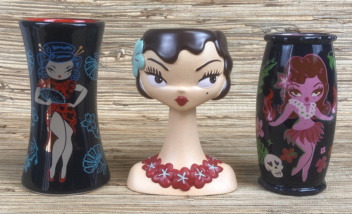 Miss Fluff Tiki Farm Tiki Mugs Set of 3 Seductress Chalice Hula & Geisha New