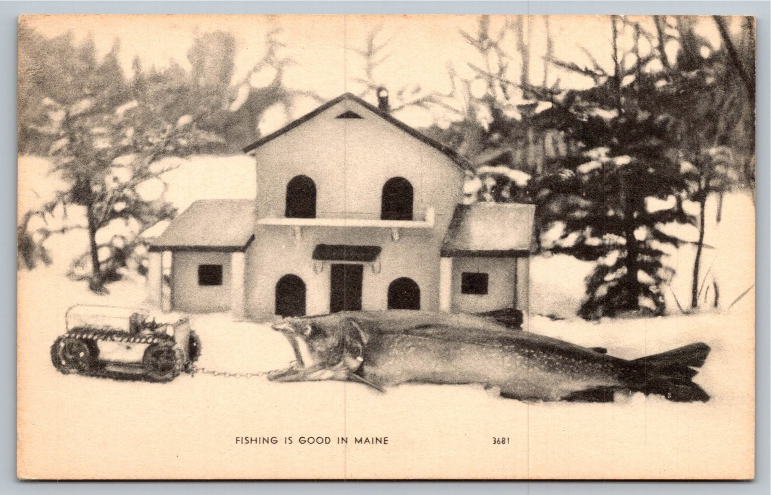 Vintage MAINE Fishing Is Good Novelty Postcard Giant Fish Snow Cabin Photolux