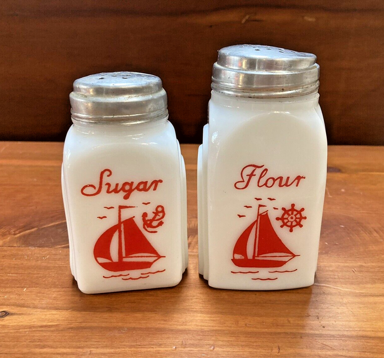 Vintage McKee Roman Arch Red & White Ships Sailboat Flour Sugar Shakers