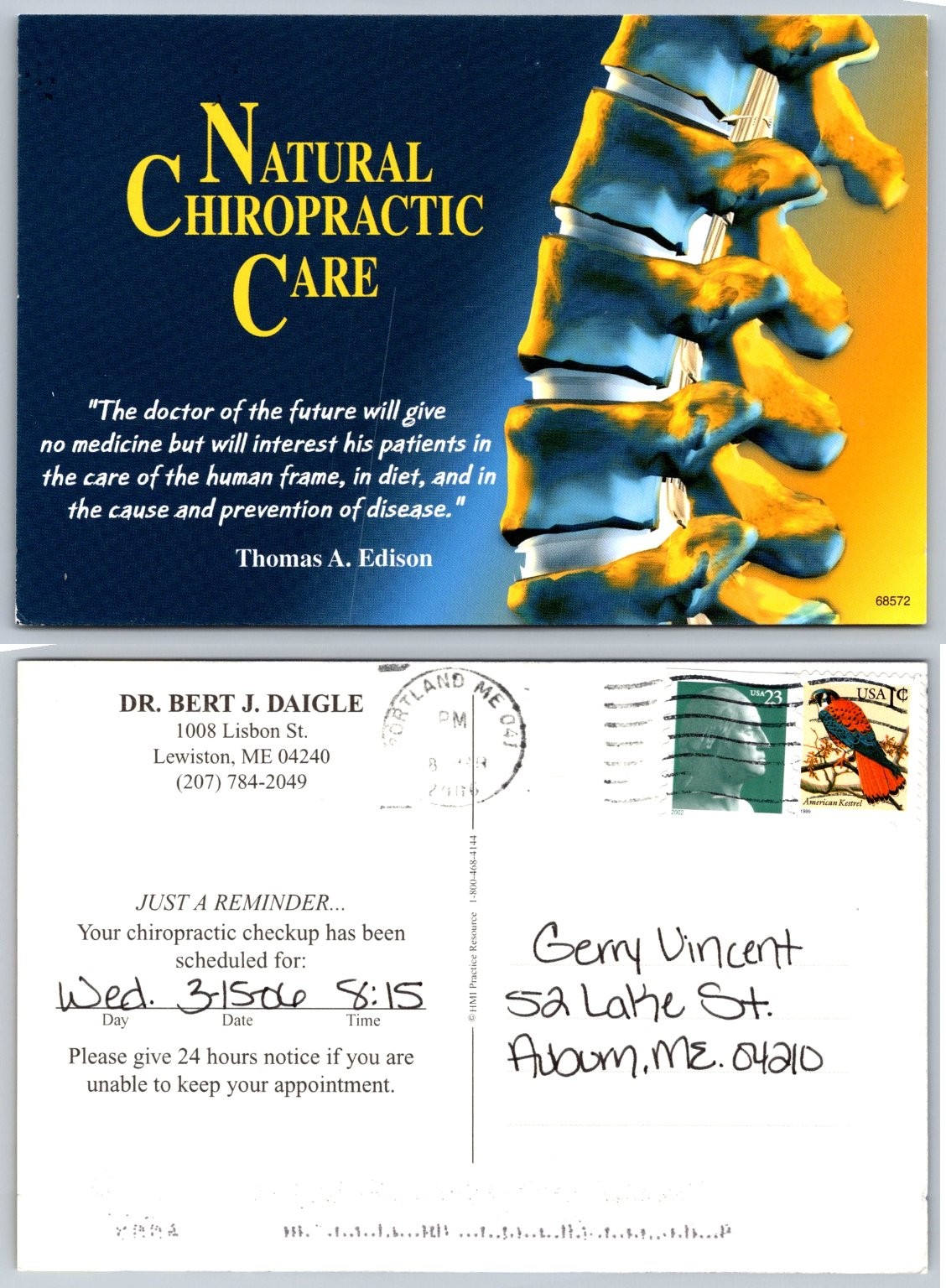 Natural Chiropractic Care Postcard Dr. Daigle Lewiston ME 2006 Thomas Edison Natural Chiropractic Care Postcard Dr. Daigle Lewiston ME 2006 Thomas Edison