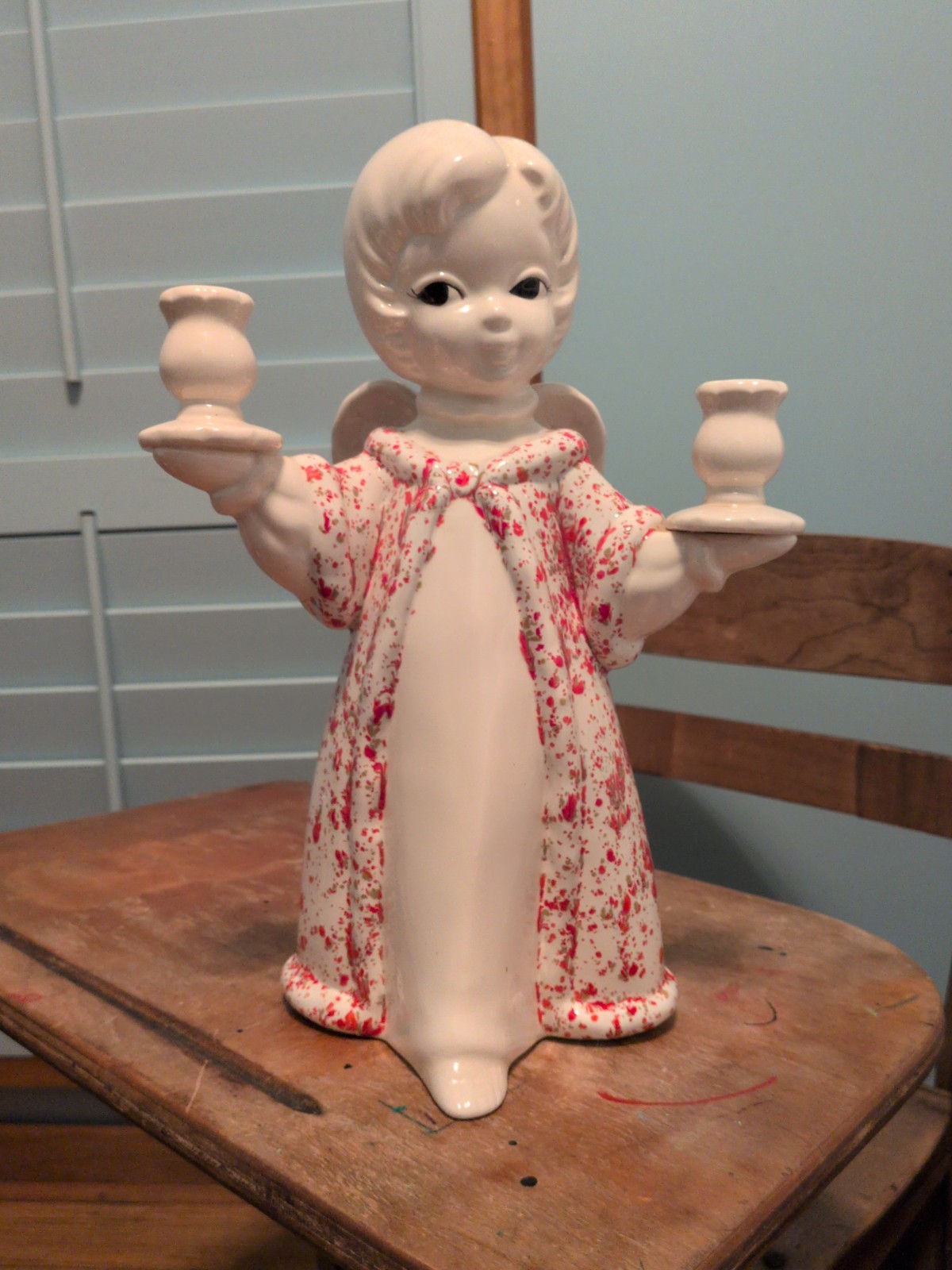 SALE WAS 20. VTG MCM 13in TALL HANDPAINTED CERAMIC CHRISTMAS ANGEL CANDLEHOLDER