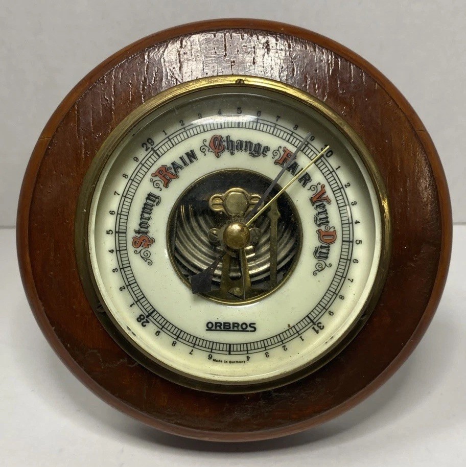 Vintage Orbros Barometer Made In Germany Brass With Wooden Enclosure W/Kickstand