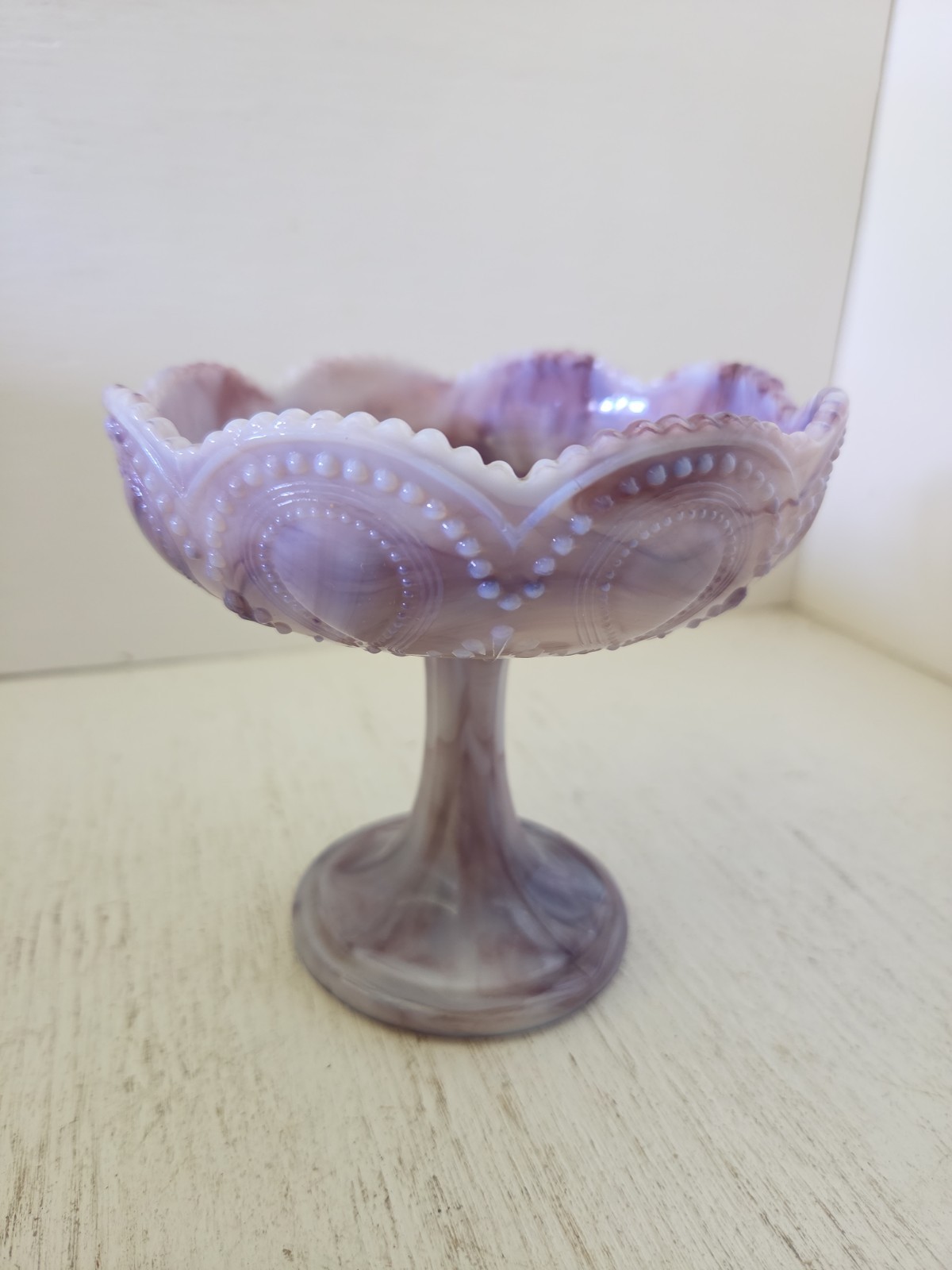 Vintage Purple Northwood Scroll Acanthus Slag Glass Pedestal Footed Dish Compote
