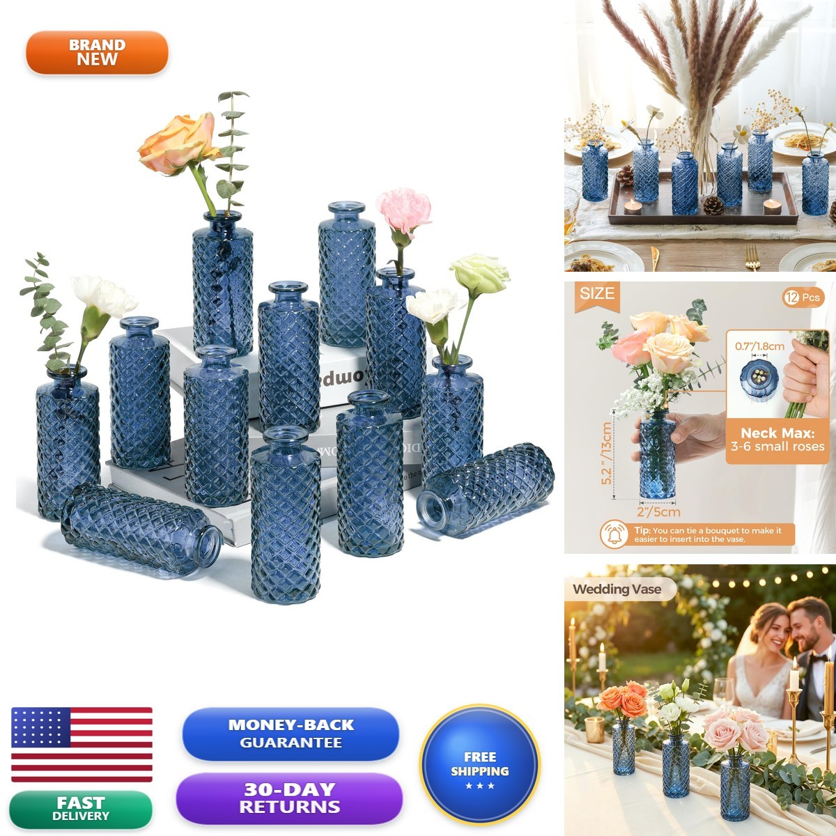 ComSaf Small Glass Bud Vases 12 Pack Gray Blue