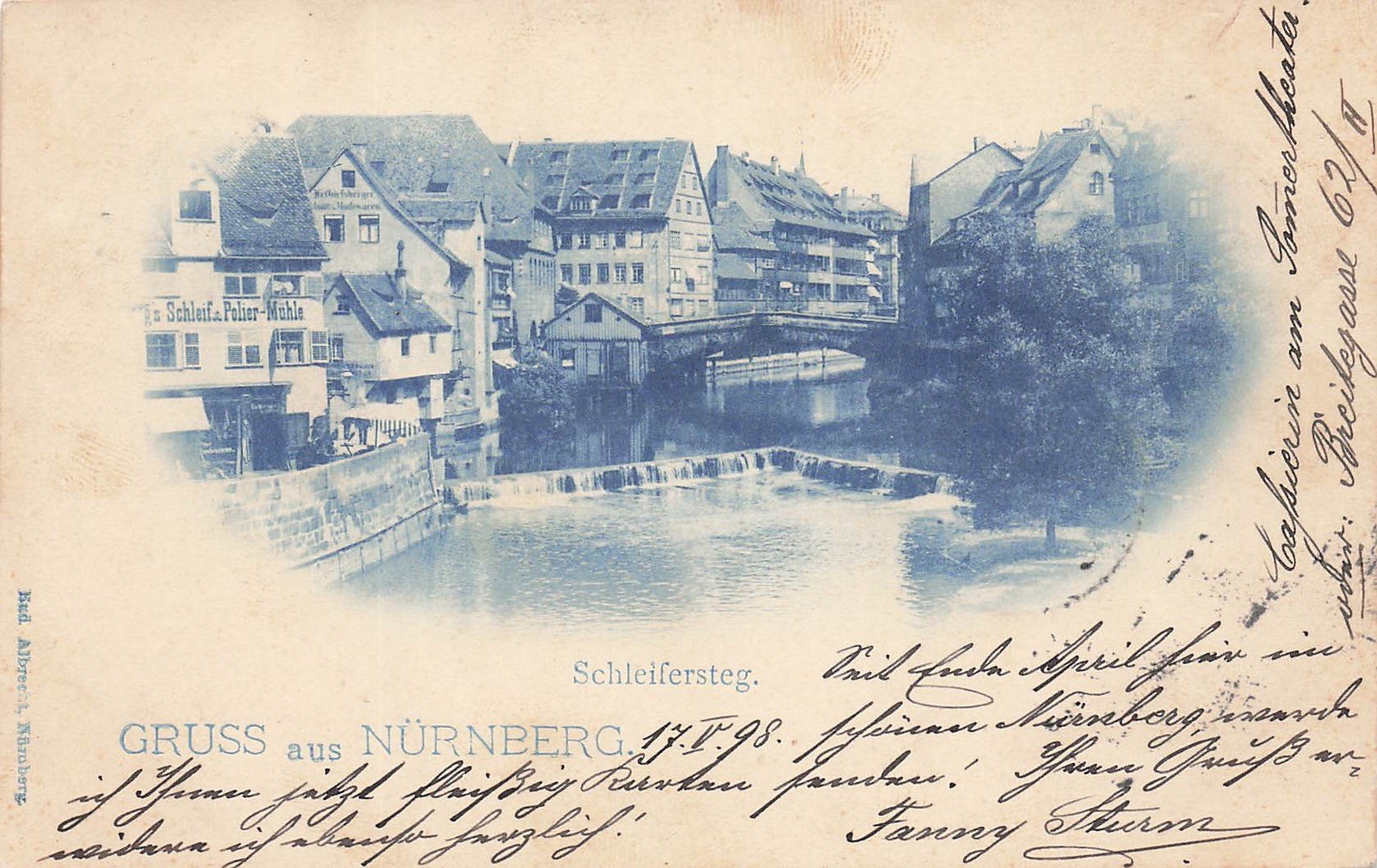 Postcard Nuremberg (90403), Schleifersteg, postcard, lithograph-blueprint