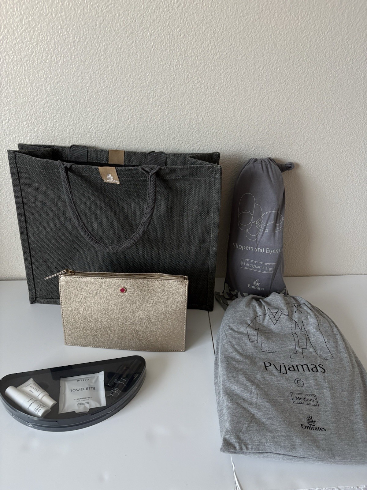 Emirates First Class Airline Amenity Kit Bundle Woman’s Loungewear Sleepers Bag