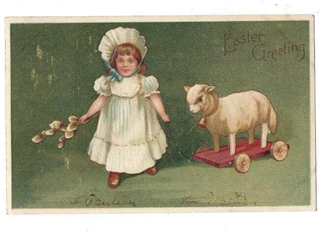 c1900s Cute Girl Pulling Lamb On Cart Easter Greeting Undivided Int Art Postcard