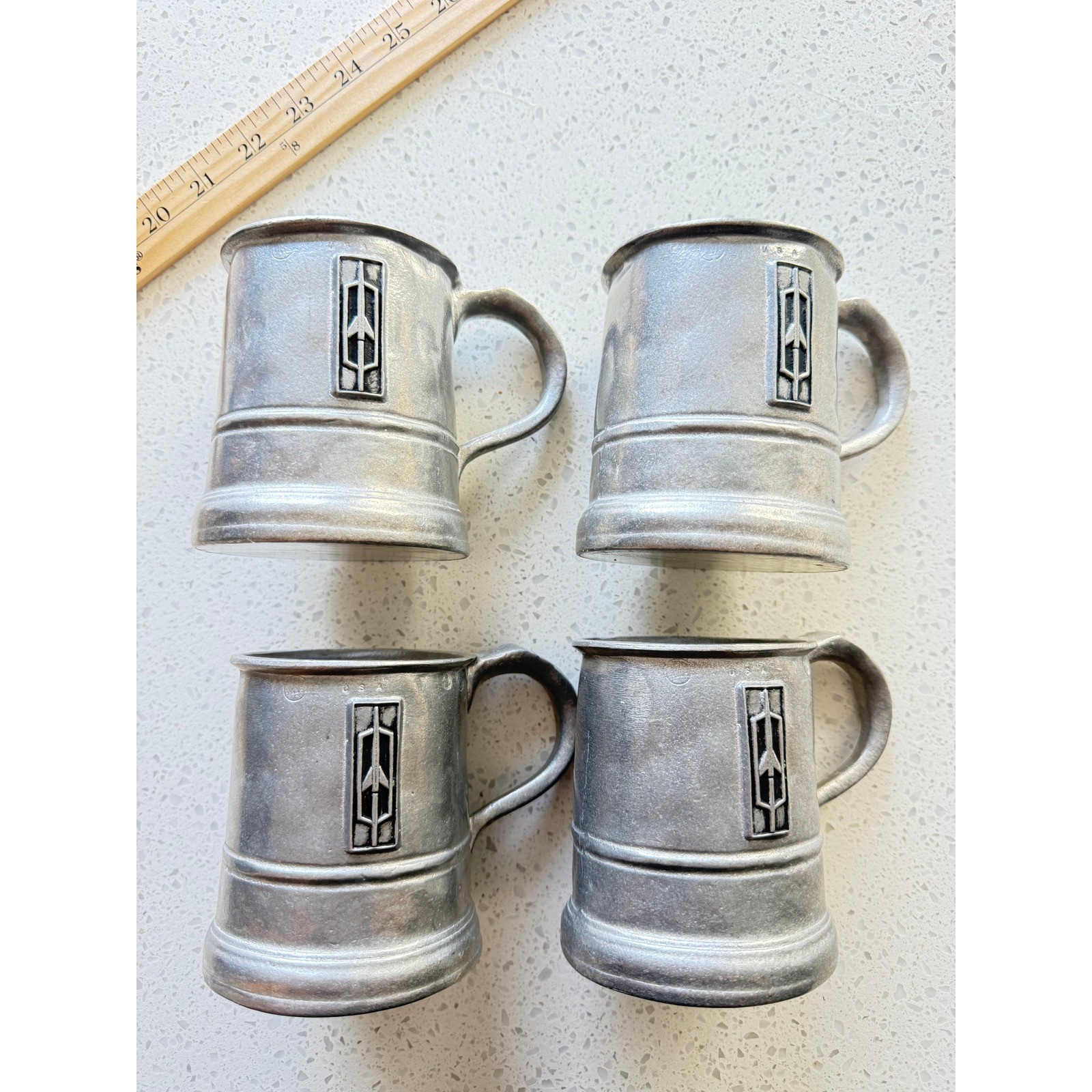 Vintage Oldsmobile Rocket Logo Pewter Tankard Mugs Set of 4 USA Automobilia