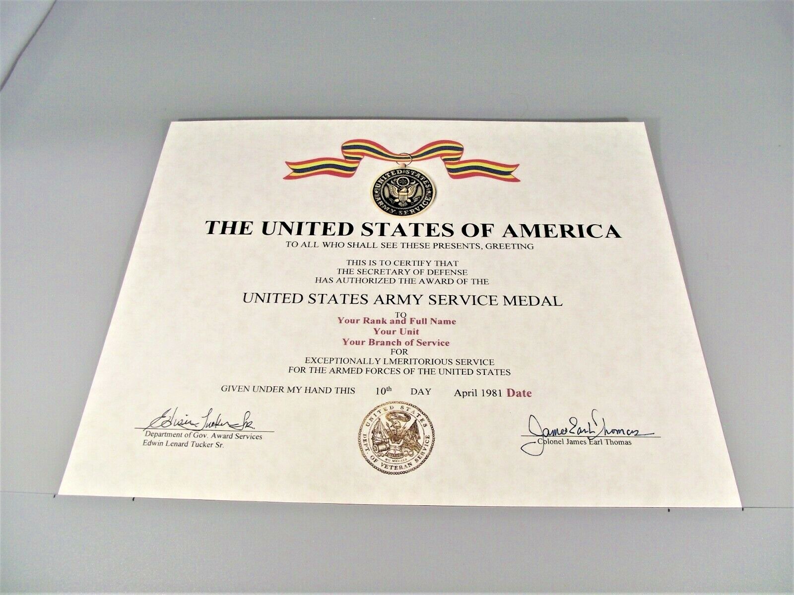 United States Army Service Medal Replacement Certificate-Not embossed