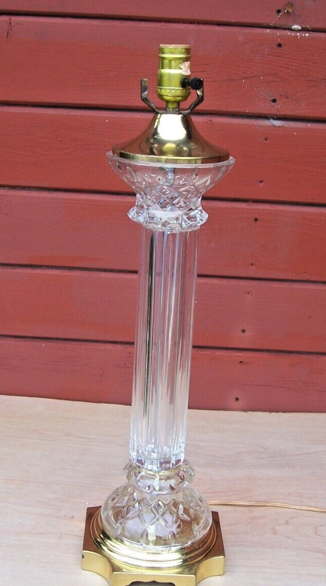 Vntg Table Lamp Solid Cut Crystal Glass Column Hollywood Regency Solid Brass 23\