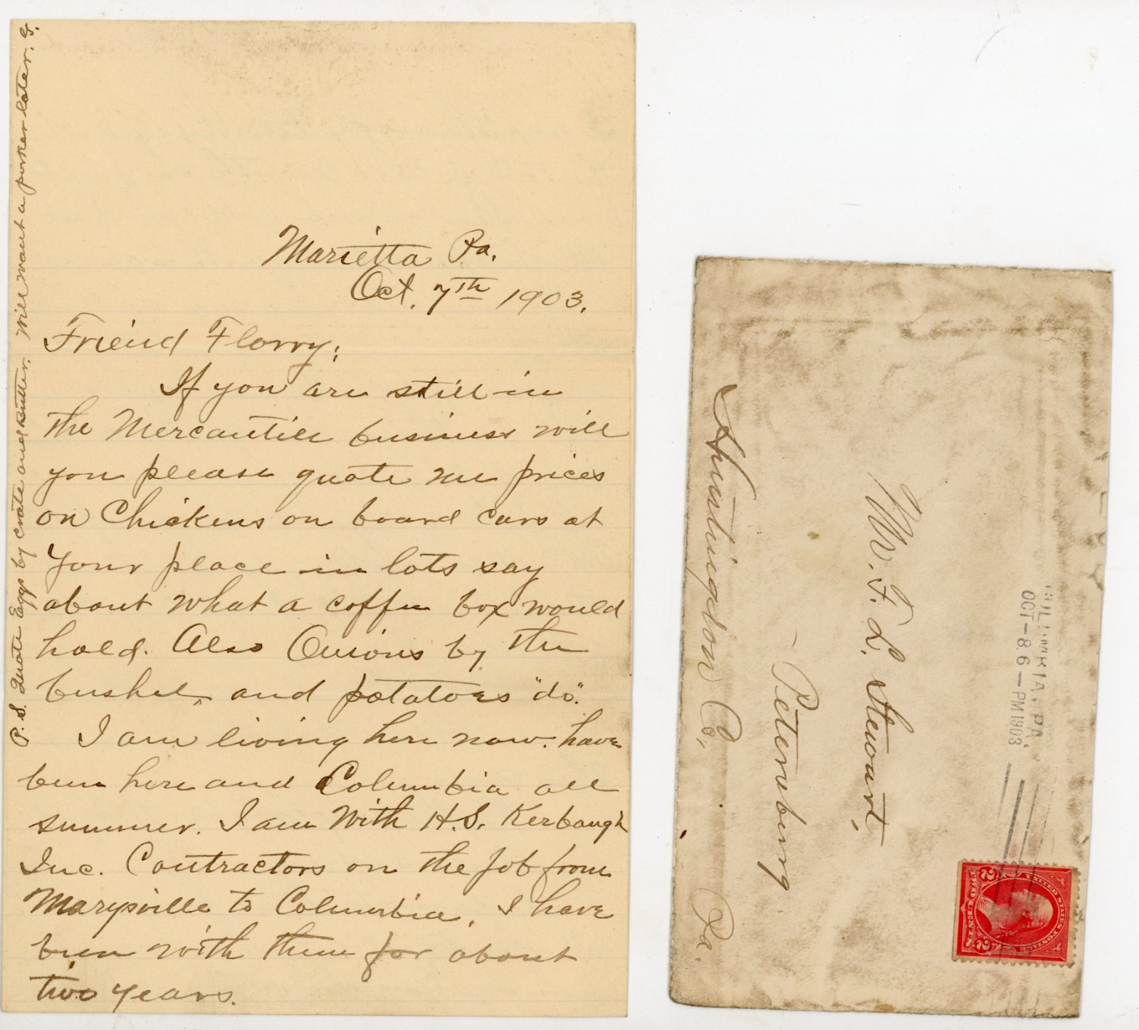 1903 Marietta PA Railroad Construction Letter H.S. Kerbaugh Co. Envelope Produce