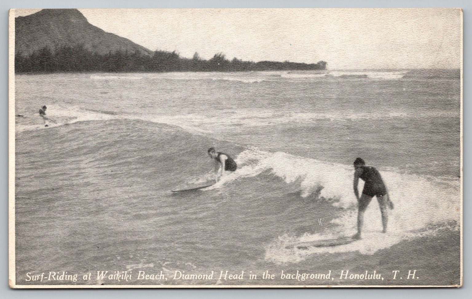 Vintage Waikiki Beach Surf-Riding Postcard Diamond Head T.H. Honolulu Hawaii