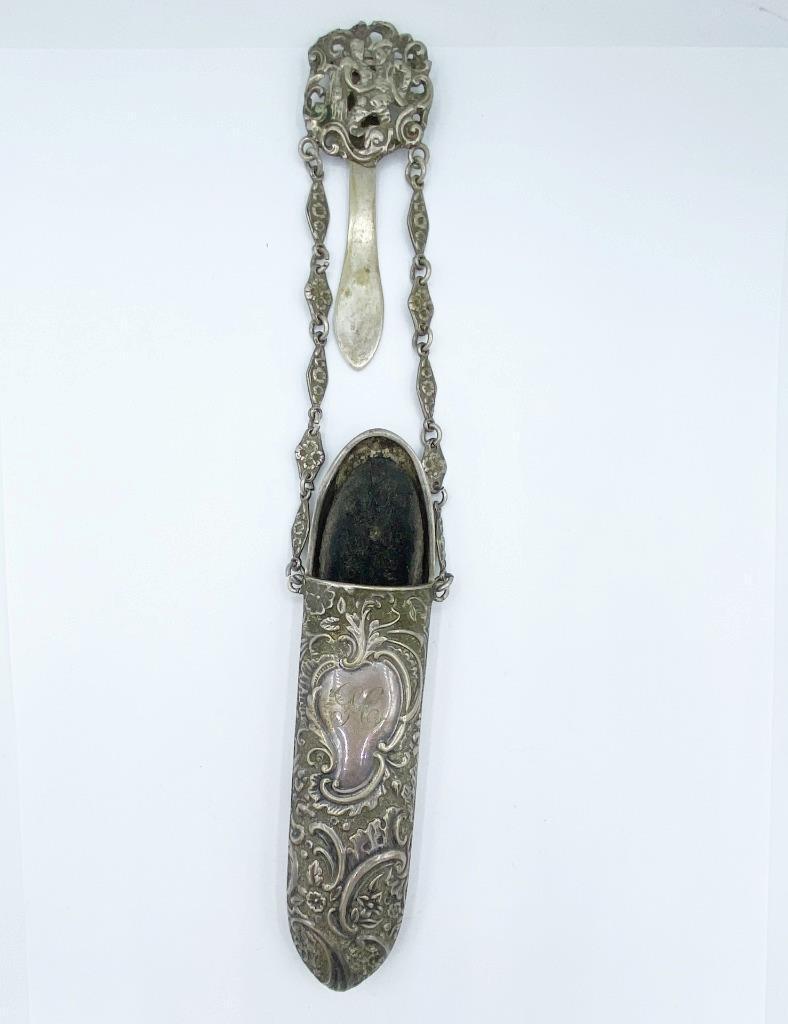 Antique 1800s Chatelaine Eyeglass Holder w/ Clip Featuring Man & Woman