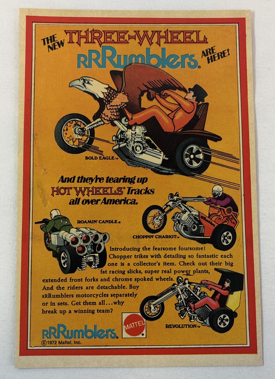 1972 Mattel Hot Wheels THREE WHEEL RRRUMBLERS ad page ~ rumblers