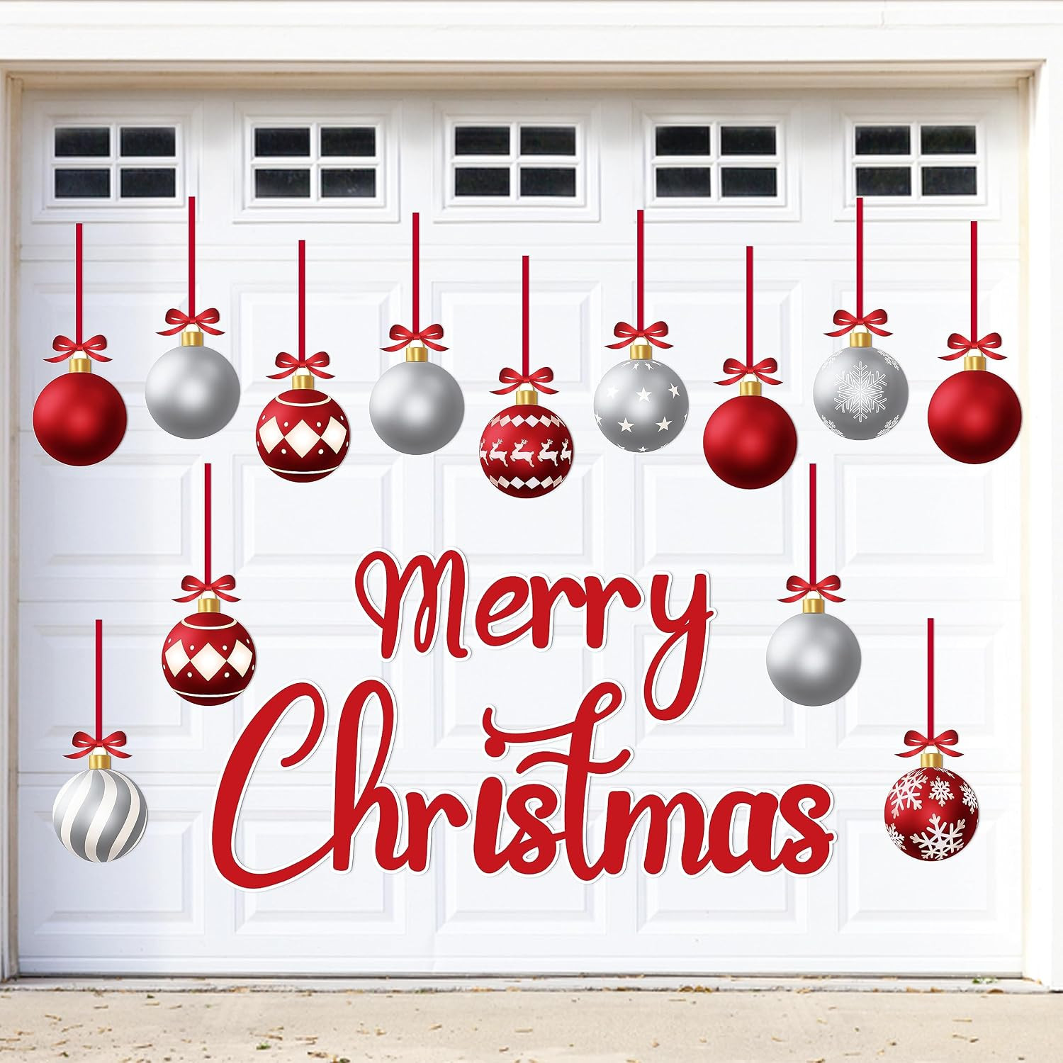 Christmas Garage Door Decorations Magnets, Red Silver Xmas Ball