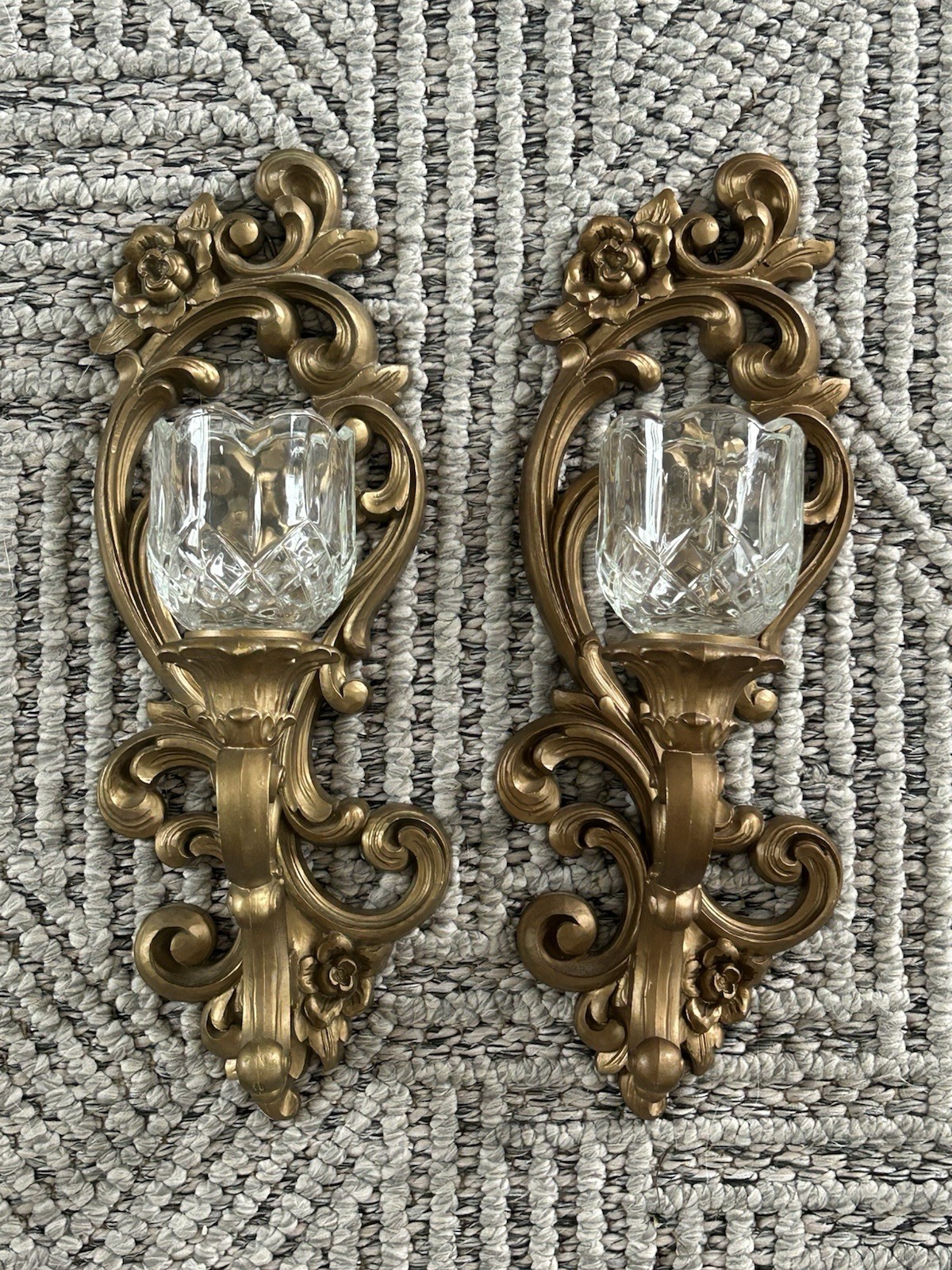 Set of 2 VTG 1971 HOMCO Wall Candle Sconces Hollywood Regency Gold Ornate #4118