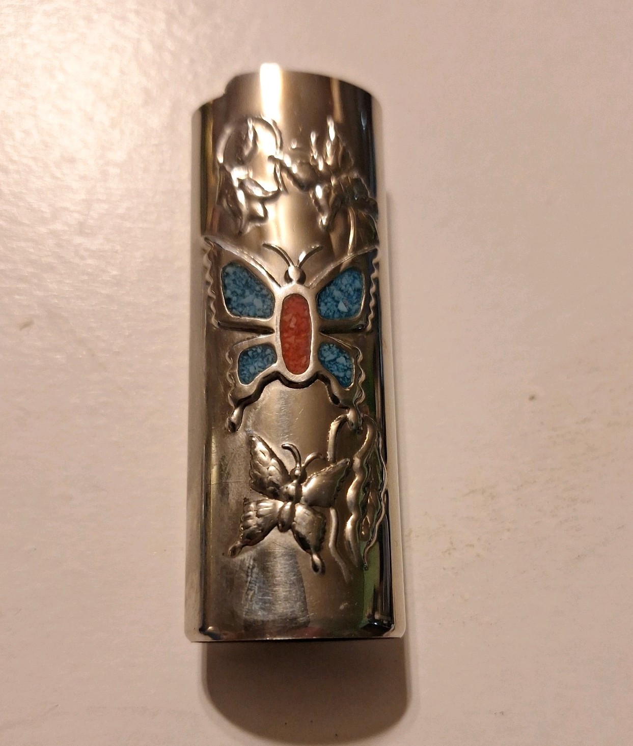 Vintage 1970s Silver-Tone Metal Butterfly Bic Lighter Case Cover Turquoise NEW