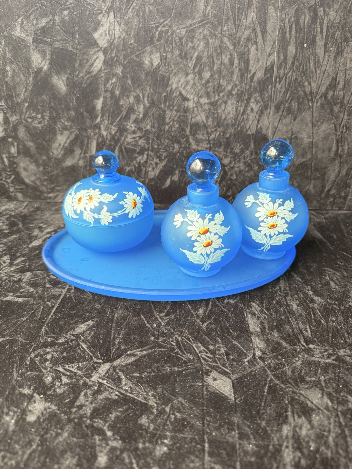 Vintage Westmoreland Blue Mist Satin Glass Daisy Vanity Set – 4 Pieces