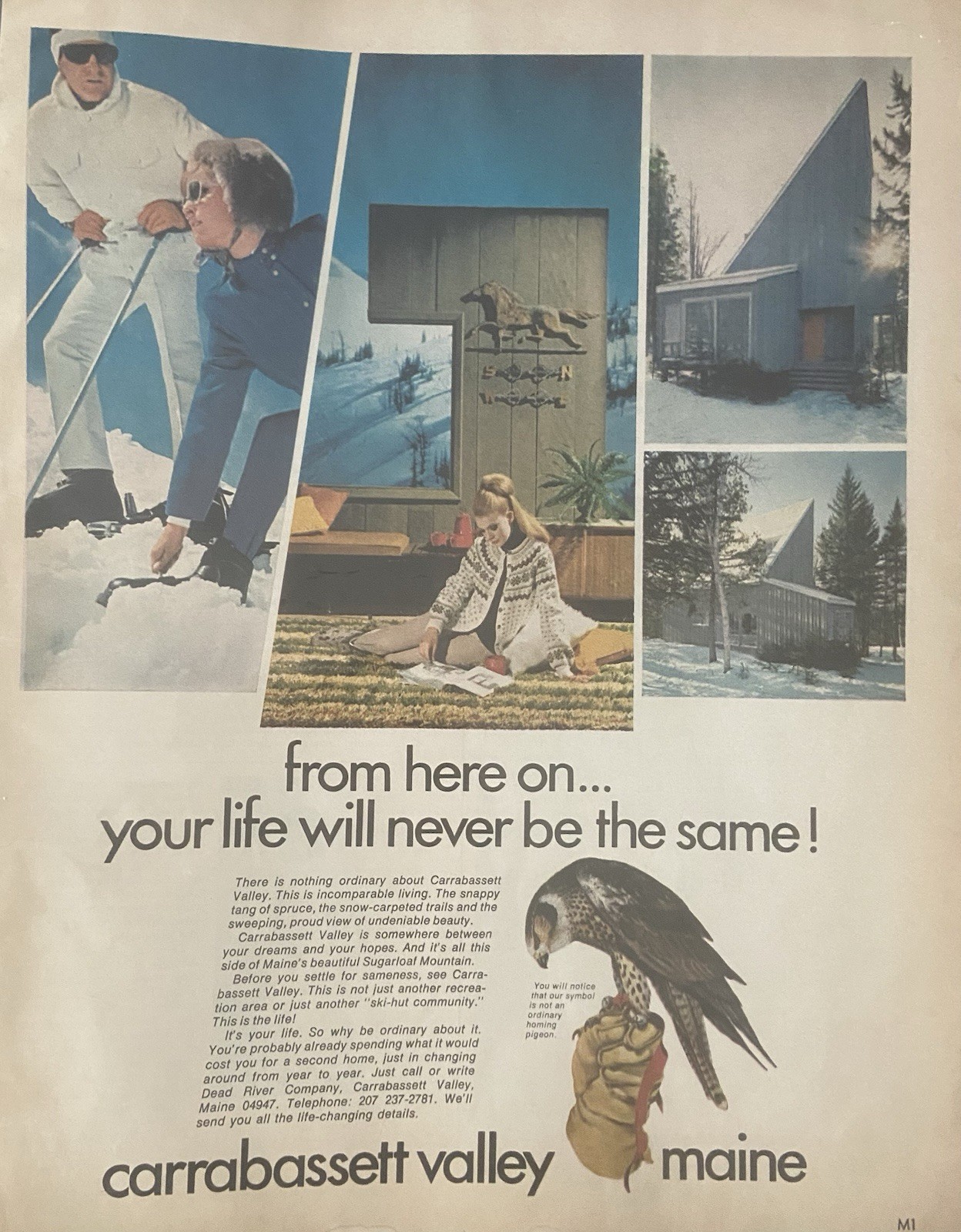 Original 1968 Print Ad Carrabassett Valley Maine Skiing Sugarloaf Snow 13” x 10”