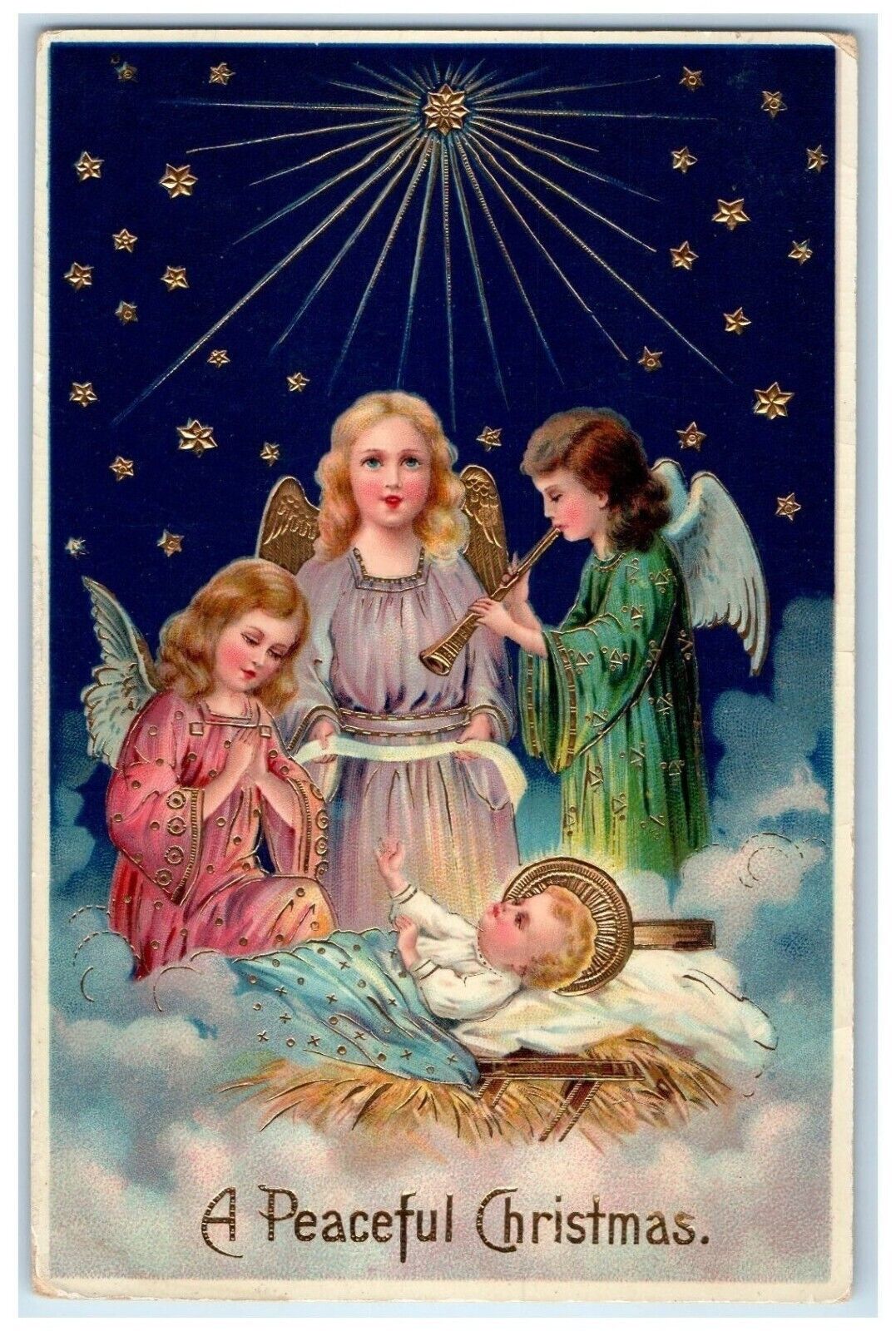 PFB Christmas Postcard Religious Angels Flute Stars Gel Gold Gilt Embossed