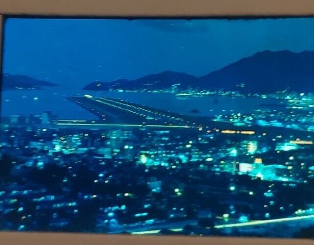 Vintage 35mm Slide China Night View Of Hong Kong Kai Tak Airport Runway City 