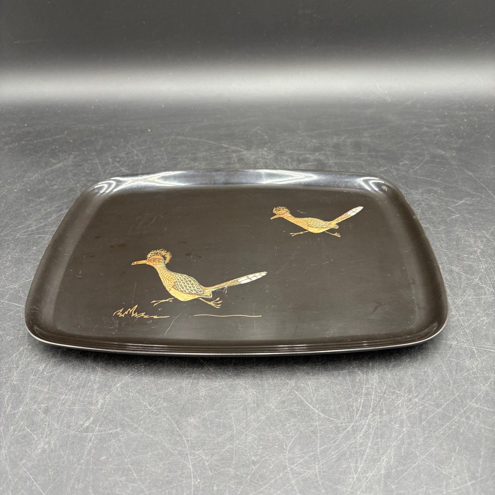 Vintage Couroc of Monterey Roadrunner Inlaid Black Serving Tray MCM 12.5x9.5 Vintage Couroc of Monterey Roadrunner Inlaid Black Serving Tray MCM 12.5x9.5