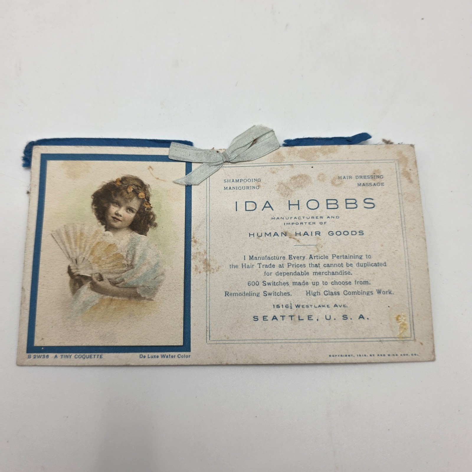 Ida Hobbs 1912 Business Card Seattle Human Hair Goods Tiny Coquette Antique Art
