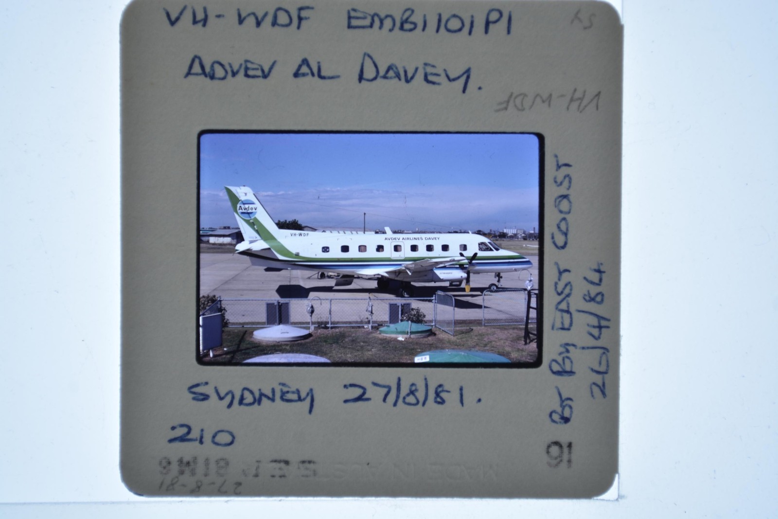Embraer EMB 110 VH-WDF Avdev Airlines Davey Sydney 1981 35mm Slide