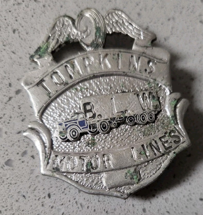 Vintage Tompkins Motor Lines Company Drivers Cap Badge B.L.W. Rare 1940\'s 