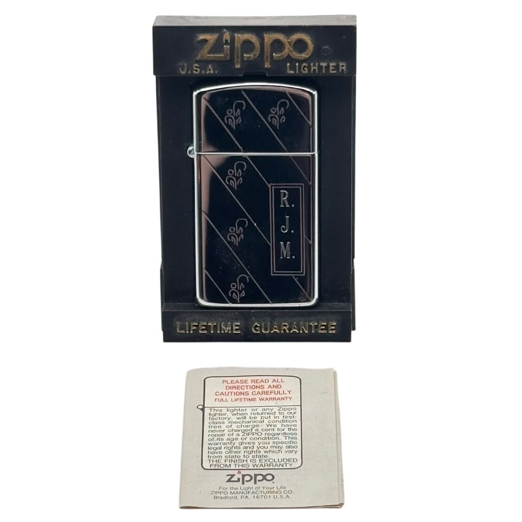 Zippo 1990 Slim R J M Monogram Fleur-de-Lis Diagonal Lighter Box & Paper Zippo 1990 Slim R J M Monogram Fleur-de-Lis Diagonal Lighter Box & Paper