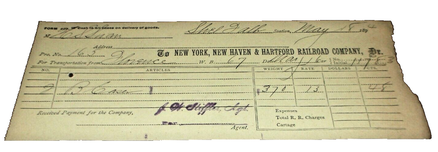 MAY 1894 NEW HAVEN RAILROAD FREIGHT RECEIPT FITCHBURG MASSACHUSETTS 