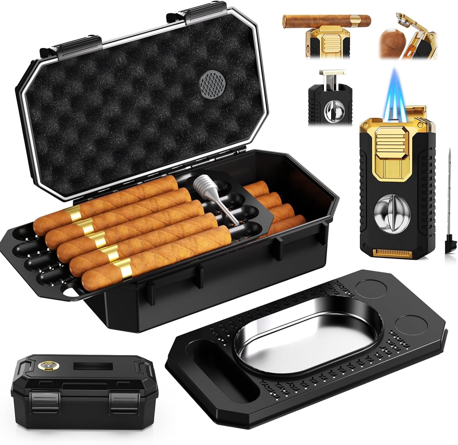 Travel Cigar Humidor Case Set with Torch Lighter Ashtray Cutter Gift for Men