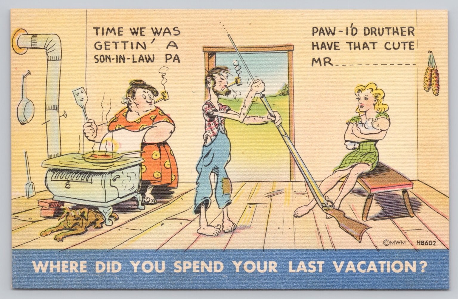 Vintage MWM Linen Postcard Hillbilly Cartoon Son-In-Law Vacation Humor HB602