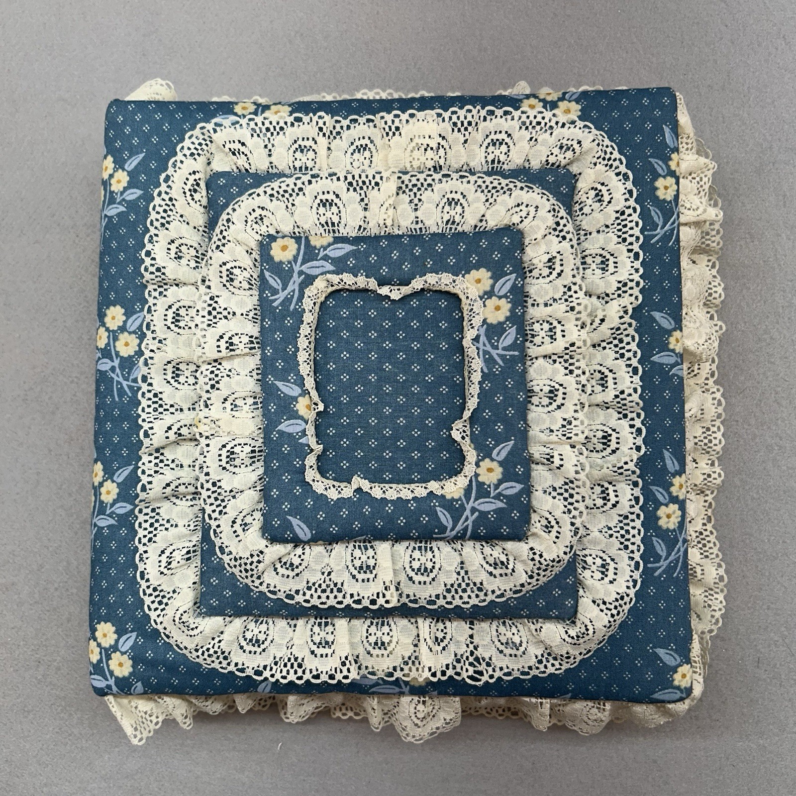 80\'s Vintage Fabric Photo Album Blue Hearts, Lace, Ribbon, Grandma Core Granny