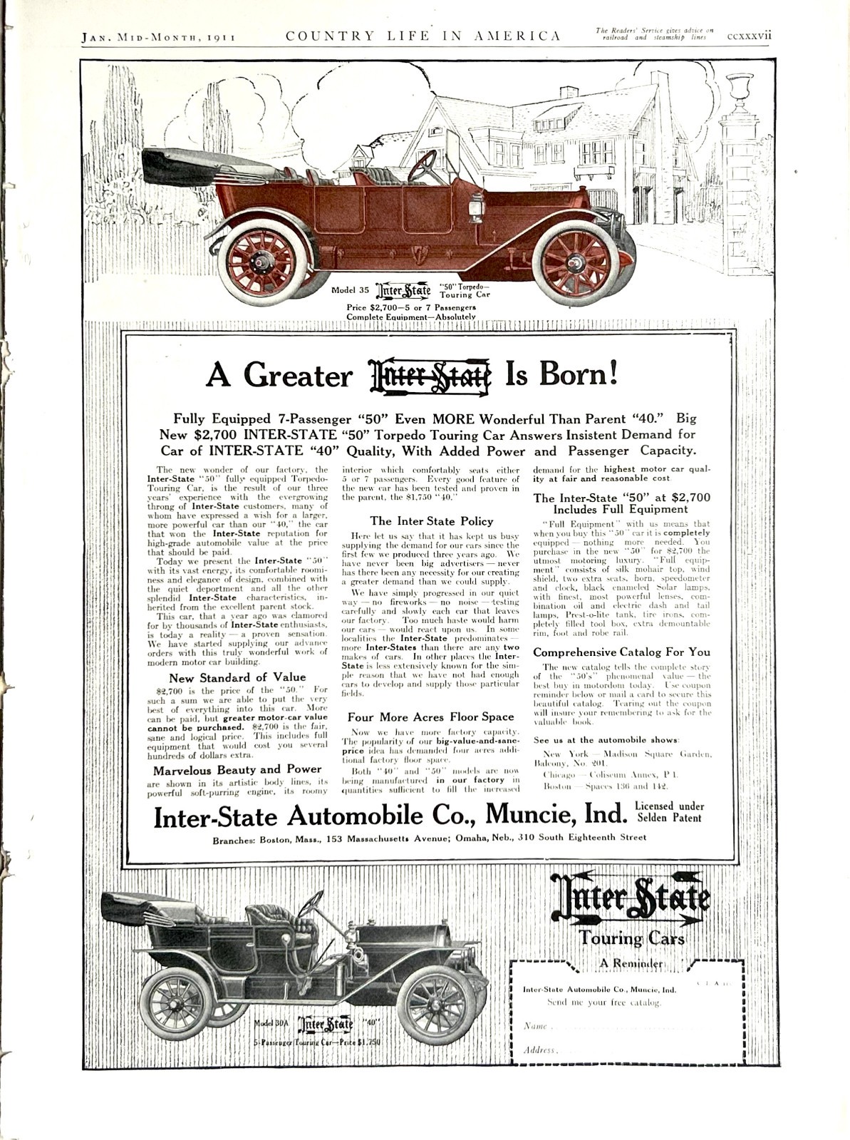 1911 Ad (10  X 13 3/4 inches) Inter-State Automobile Co Muncie IN 50 Torpedo