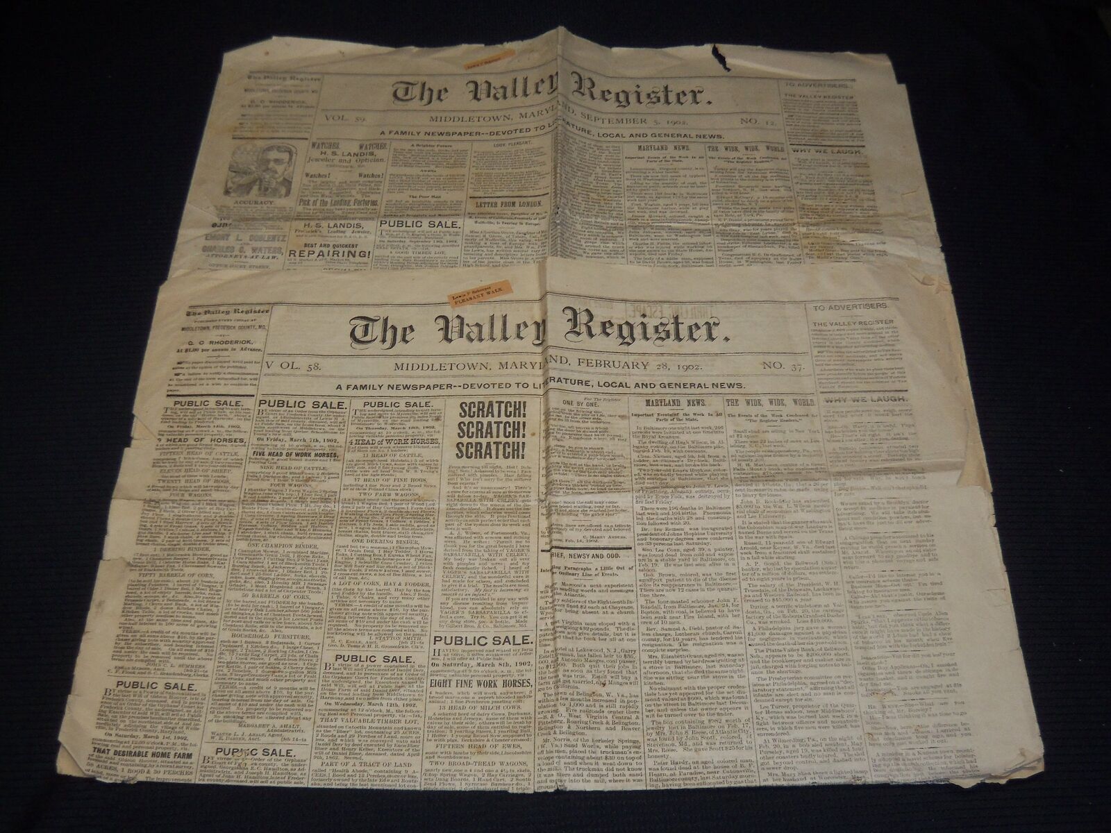 1902 THE VALLEY REGISTER NEWSPAPER LOT OF 2 - MIDDLETOWN MARYLAND - NP 1812G