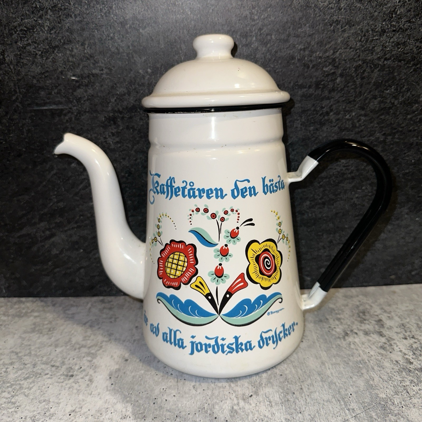 VINTAGE BERGGREN ENAMEL SWEDISH COFFEE TEAPOT FOLK ART ENAMELWARE