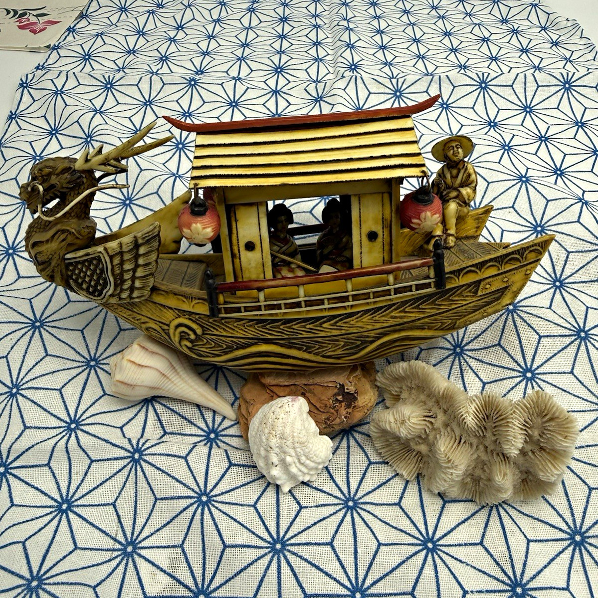Antique Celluloid Japanese Boat, Two Women and a Man