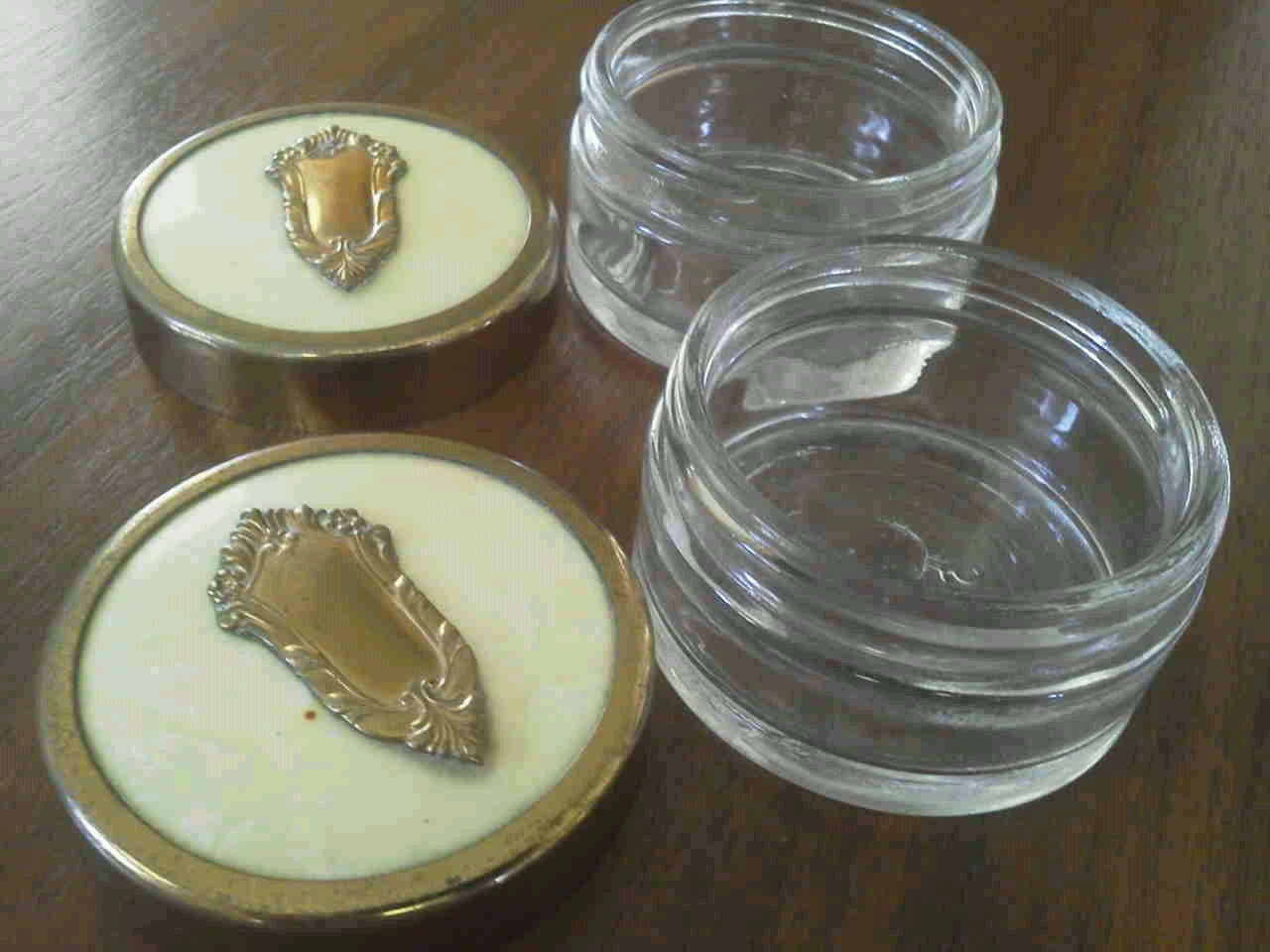 Vtg Glass Cream Jars 2 Metal Emblem Lid Cracked Ice Vanity Trinket Box Pair