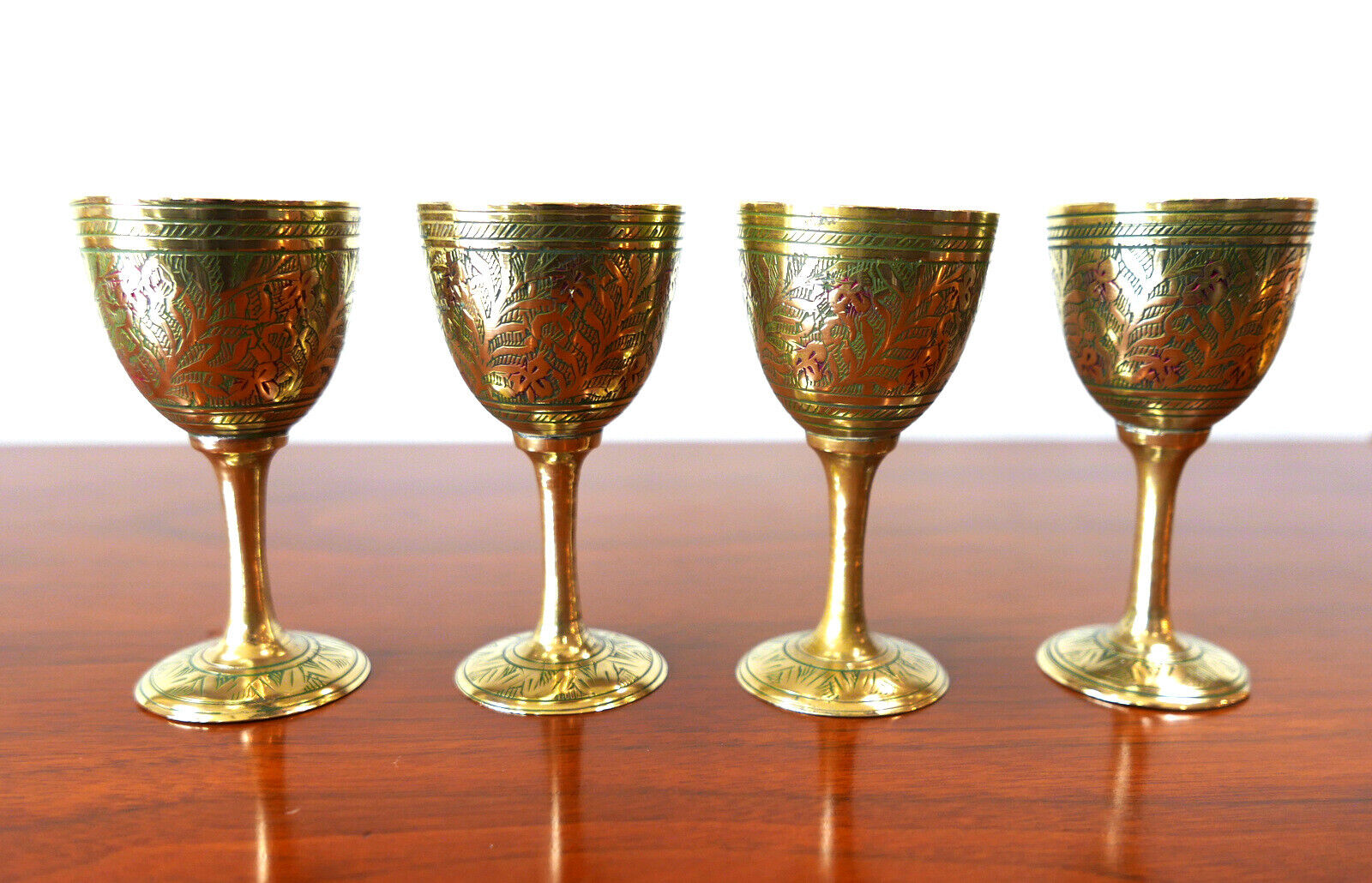 4 Beautiful Handcrafted Antique Etched Petite Brass Cordials Wine Goblets Lined