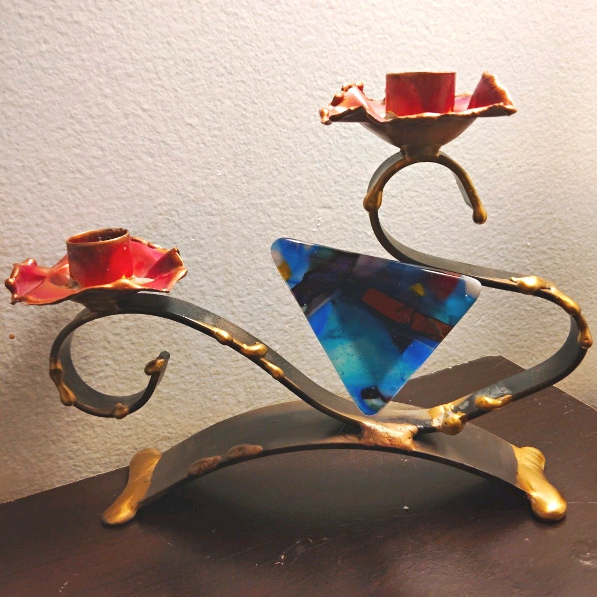 Gary Rosenthal Shabbat Candlestick Handmade Jewish Metal Art Glass