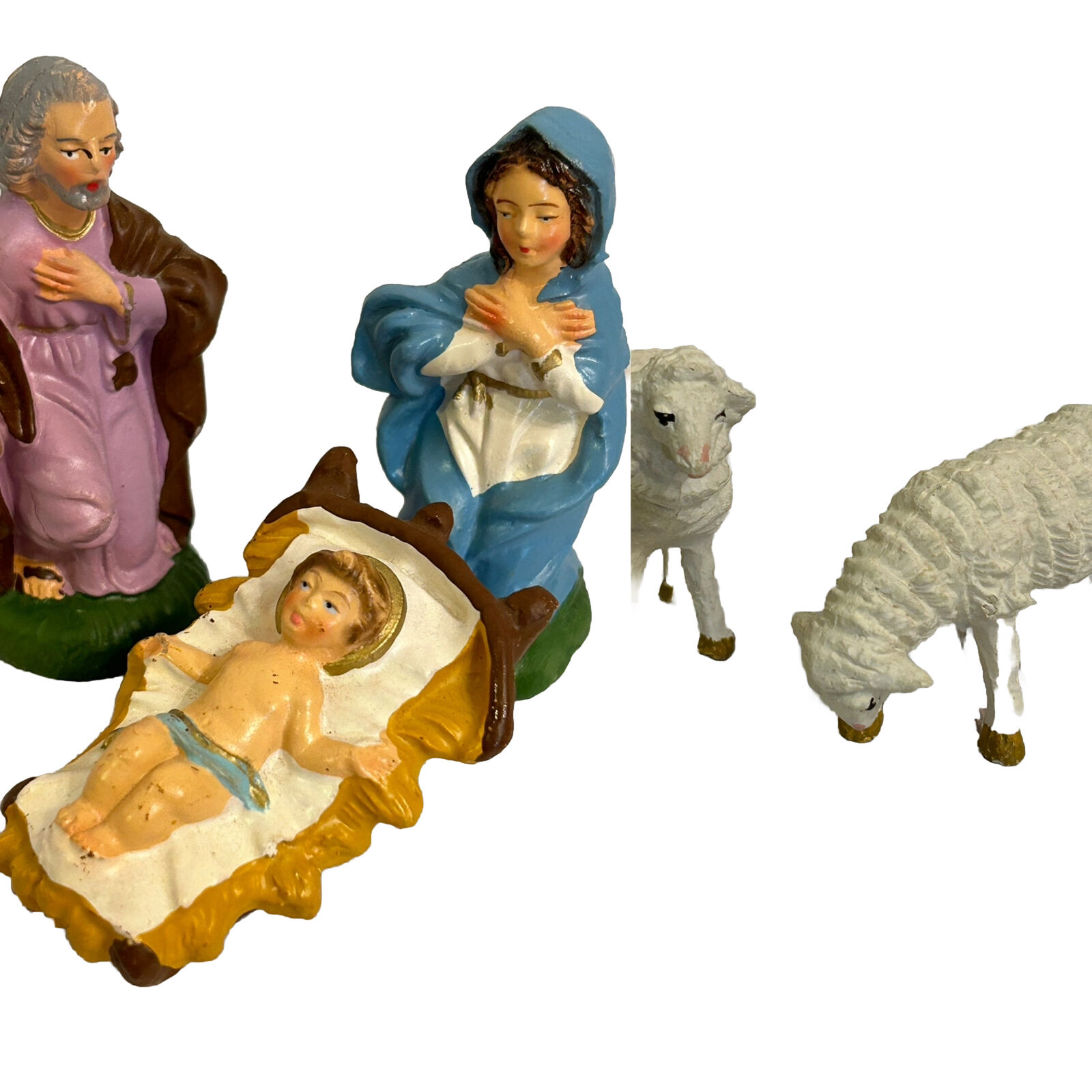 Vintage Italy Nativity Figurines Mary Joseph Baby Jesus 2 Sheep Replacements 3”